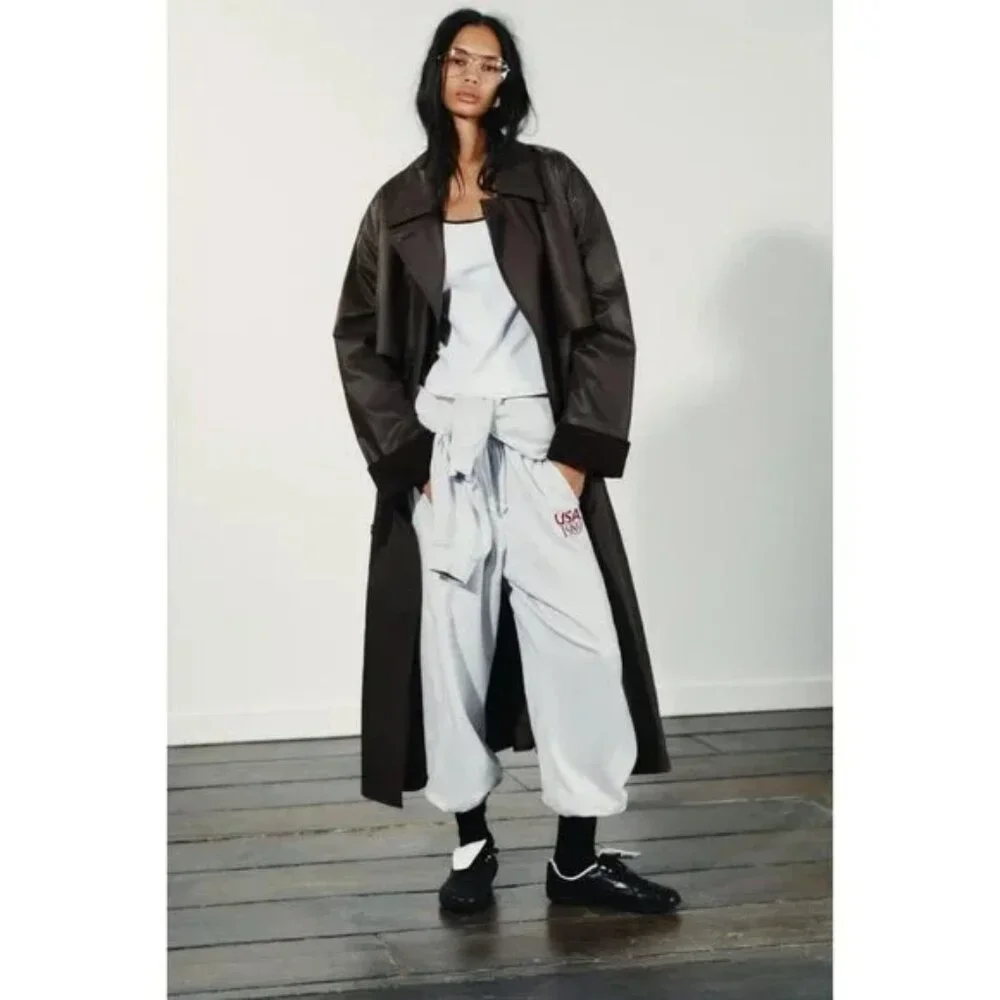 ZARA LONG WAXED TRENCH COAT WITH CORDUROY CUFFS - Picture 2 of 10